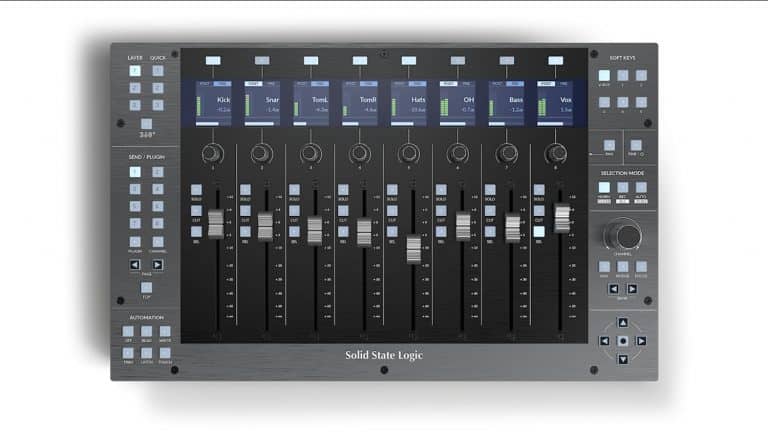 ssl-uf8 control surface with black enclosure, faders, visuals, and controls