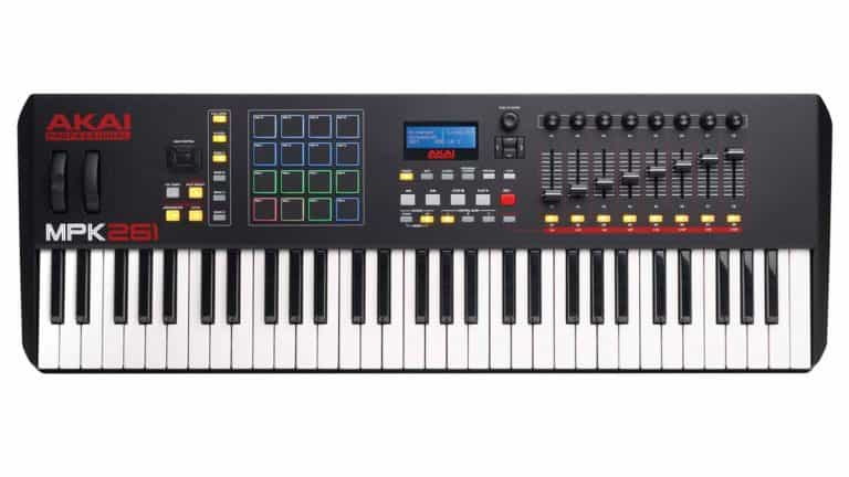 akai-mpk261 midi controller top shot with keybed, controls, RGB pads, sliders, buttons, and LCD screen