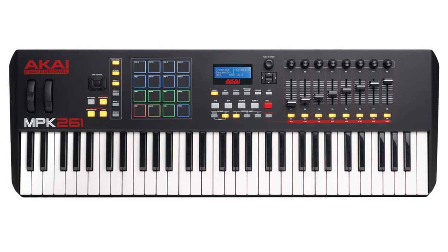 akai-mpk261 midi controller top shot with keybed, controls, RGB pads, sliders, buttons, and LCD screen