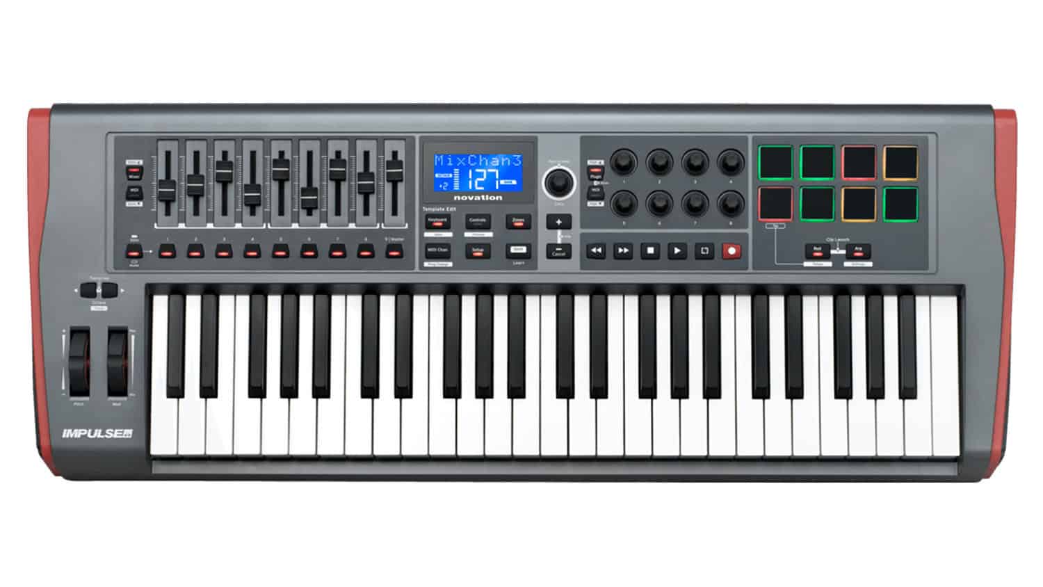 novation impulse 61 midi controller top shot with keybed, extensive controls, RGB pads, and LCD screen