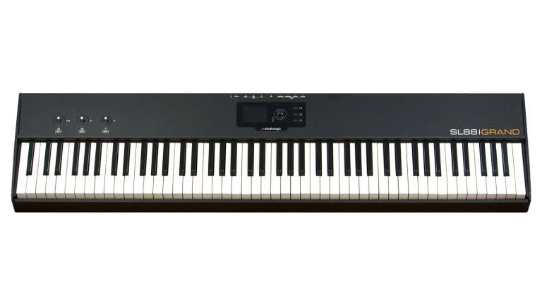 studiologic sl88 grand MIDI controller front shot with keybed, controls, and LCD screen