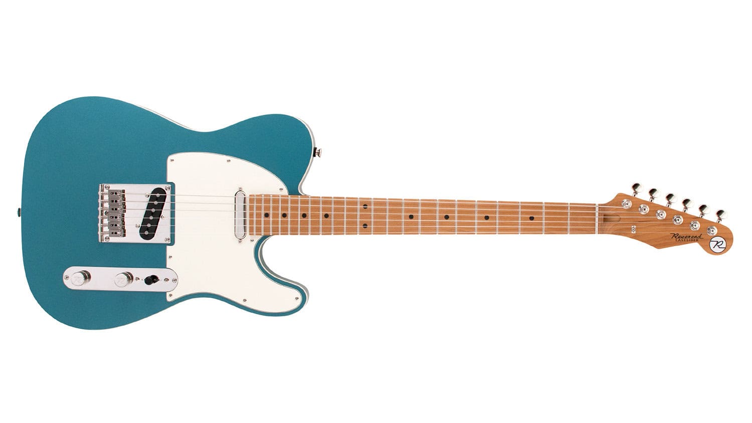 Reverend-Pete-Anderson-Signature-Eastsider-T with teal body, white pickguard, maple neck, and single-coil pickups