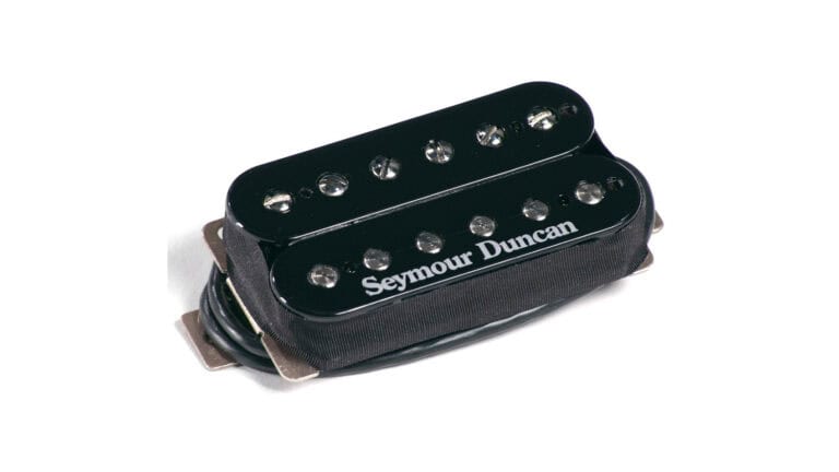 seymour duncan sh-4 jb humbucker pickup top shot with coils, connector wire, and Seymour Duncan logo