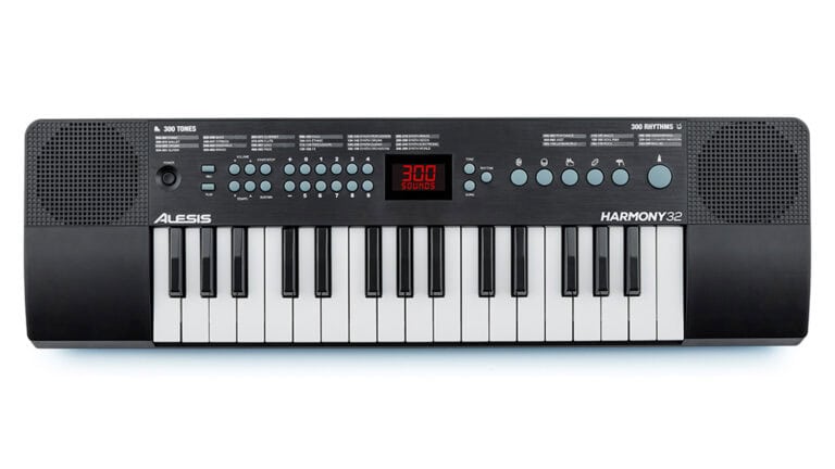Alesis Harmony 32 beginner keyboard arranger top-down shot with keybed, controls, and LCD screen