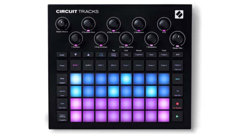 Novation Circuit Tracks Groovebox beat production unit with LED touchpads and control buttons and knobs