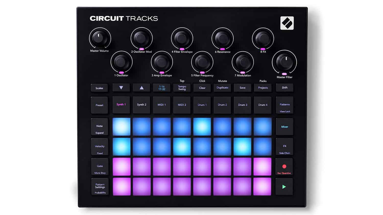 Novation Circuit Tracks Groovebox beat production unit with LED touchpads and control buttons and knobs