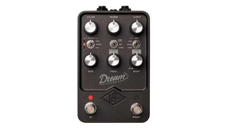 Universal Audio UAFX Dream '65 Reverb pedal top shot with black enclosure, black and silver control knobs, dual footswitches, and graphics