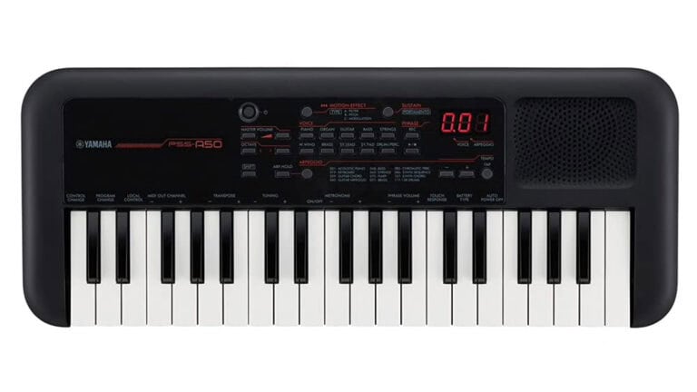 Yamaha PSS-A50 top-down shot with keybed, controls, and LCD screen