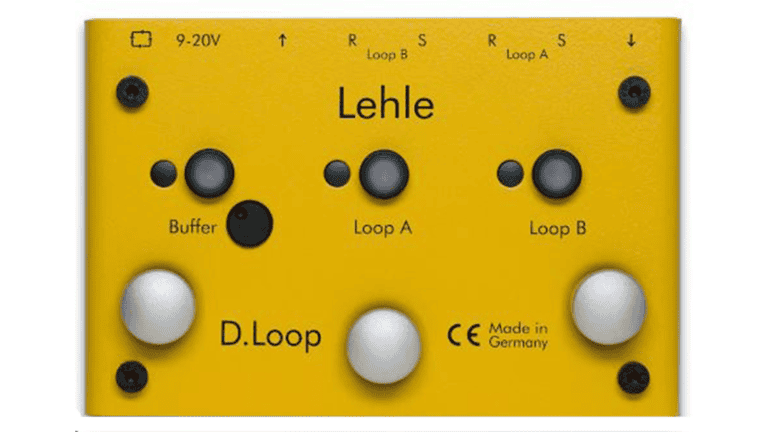 lehle 1at3 sgos guitar loop switcher in yellow enclosure with foot switches and loop LEDs