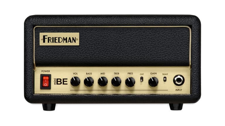 Friedman BE-MINI amp head with gold control panel, black control knobs, and Friedman logo