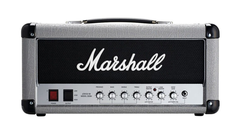 Marshall 2525H Mini Silver Jubilee mini amp head with silver tolex, control knobs, and faceplate, and white Marshall logo