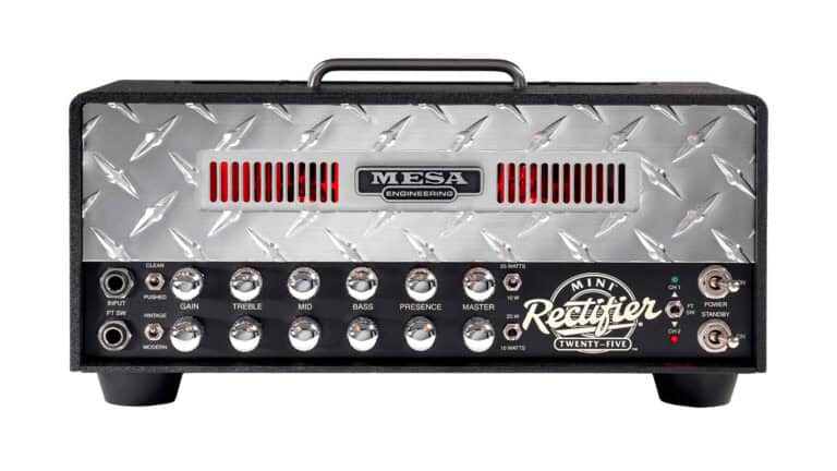 Mesa Boogie Mini Rectifier 25 mini amp head with brushed metal faceplate and silver control knobs