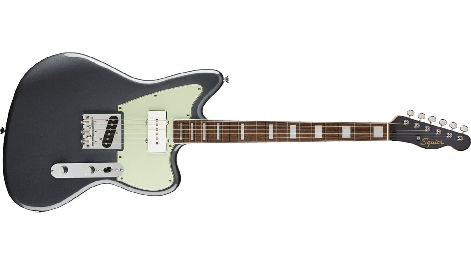 Squier Paranormal Offset Telecaster with black finish, white pickguard, and Pau Ferro fretboard