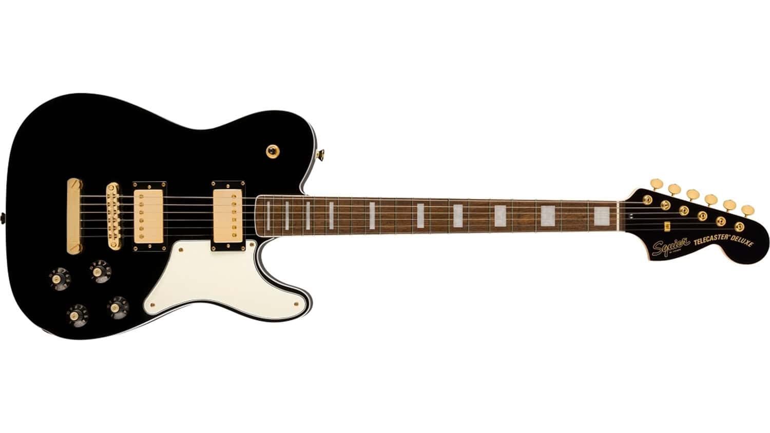 Squier Paranormal Troublemaker with black finish, white pickguard, and gold hardware