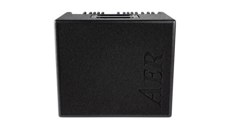 aer domino 3 acoustic guitar amp and PA hybrid front shot with black enclosure and grille cloth
