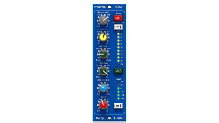 Midas 522 V2 500 Series Compressor limiter front shot with blue faceplate, controls, and LED metering