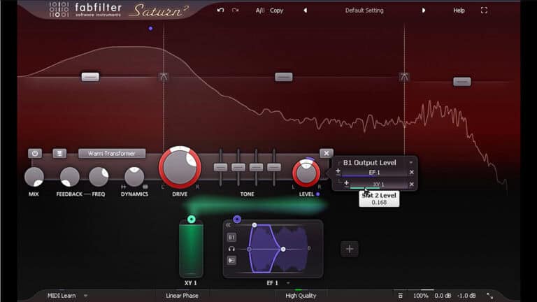 fabfilter saturn 2 plugin GUI with visualizer and control settings