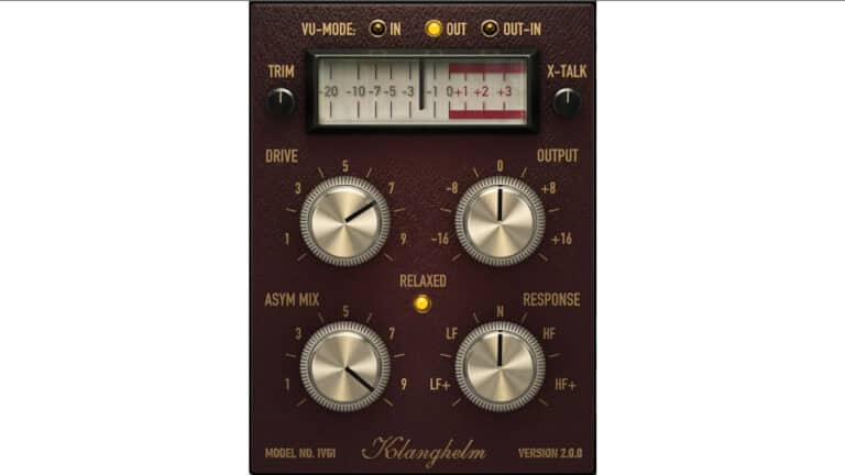 klanghelm ivgi plugin GUI with control knobs and unique horizontal VU meter