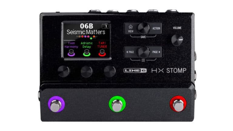 line 6 helix stomp guitar multi-effect pedal with black enclosure, three footswitches, and top controls