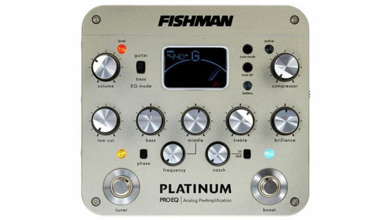 Fishman platinum pro top shot with silver enclosure, control knobs, footswitches, and LCD screen