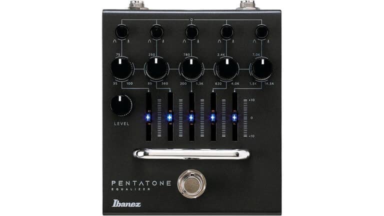 Ibanez Pentatone 5-Band Parametric EQ pedal top shot with black enclosure, control knobs, and footswitch