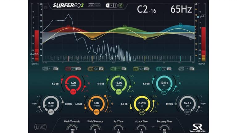 Soundradix SurferEQ2 plugin GUI with frequency bands and analyzer
