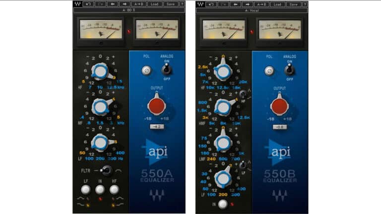 Waves Audio API 550A+B plugin GUI with controls and VU meters