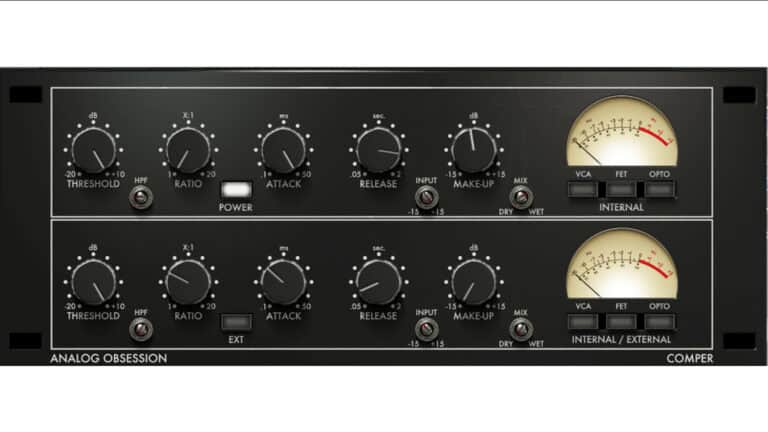 analog obsession comper GUI with black faceplate and controls knobs, VU meters
