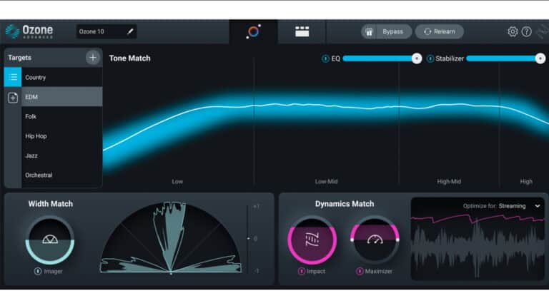 iZotope Ozone 10 EQ plugin GUI with analyzers and controls