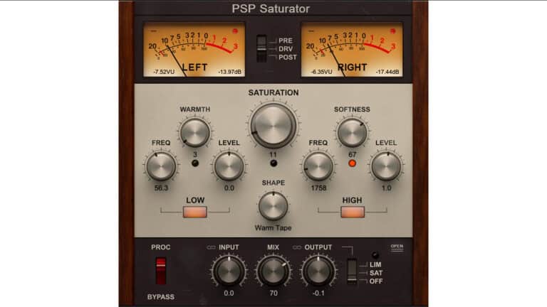 psp saturator saturation plugin GUI with controls and dual VU meters