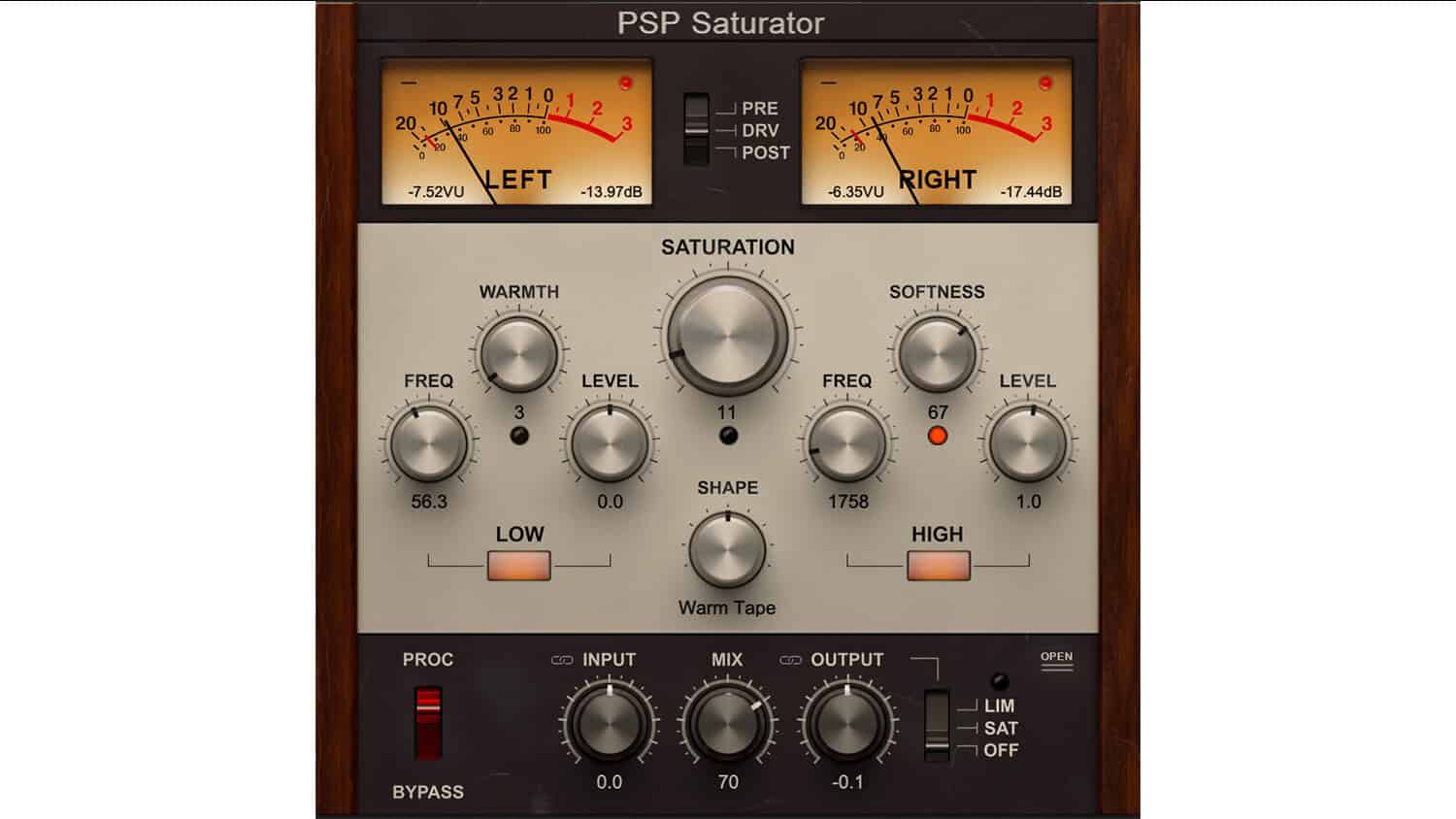 psp saturator saturation plugin GUI with controls and dual VU meters