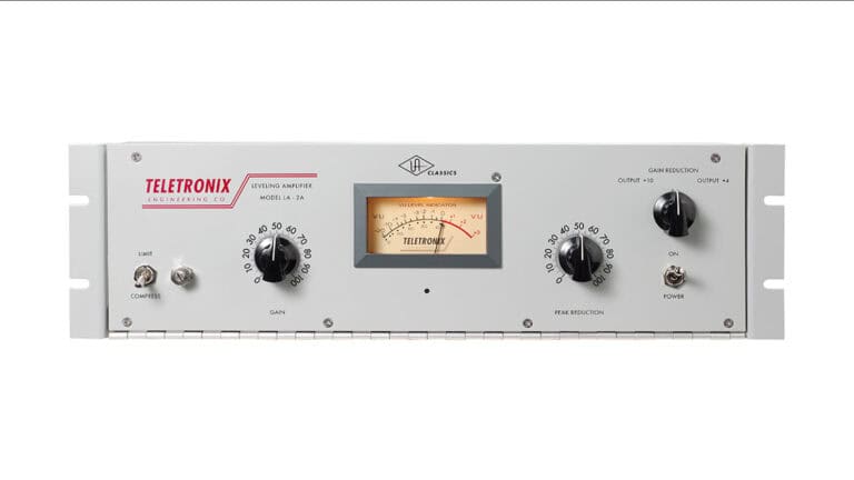 universal audio teletronix la-2a plugin GUI with white faceplate, black control knobs, and VU meter