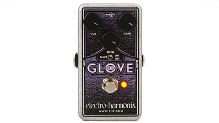 Electro-Harmonix OD Glove MOSFET Overdrive guitar pedal with purple and grey decal, silver text, and black control knobs