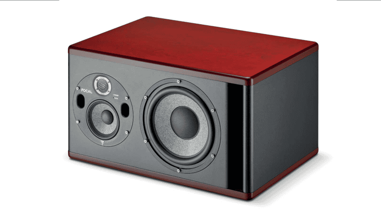 FOCAL Trio11 Be studio monitor angled front shot with port, drivers, and faux-woodgrain sides
