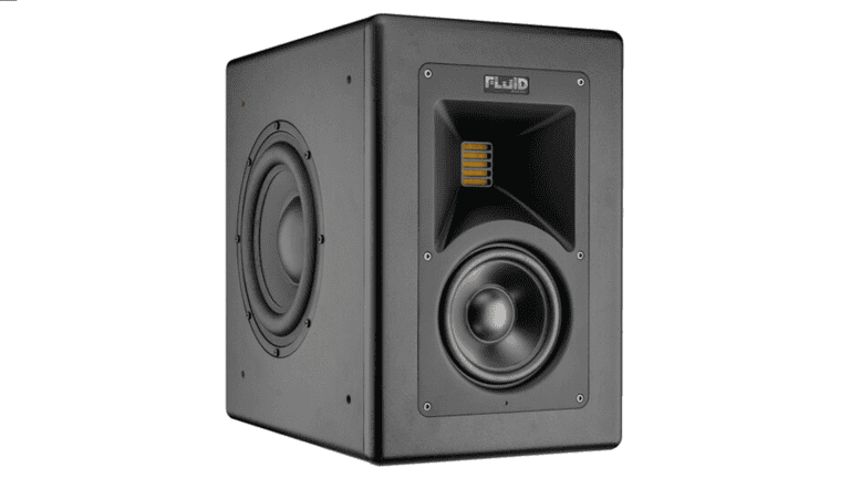 Fluid Audio Image 2 angled shot with drivers, ports, side driver, and Fluid Audio logo