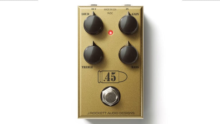 J Rockett 45 Caliber overdrive guitar pedal with gold enclosure and black control knobs