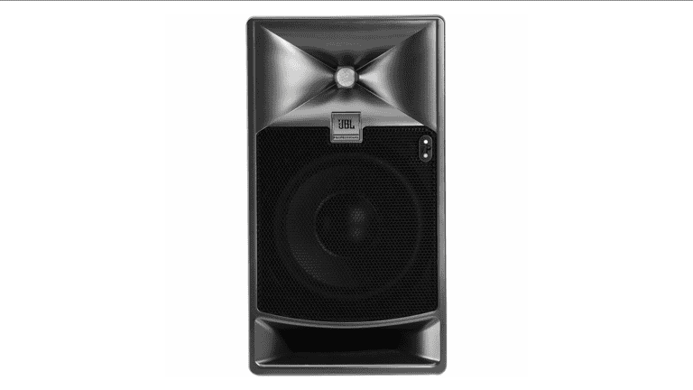 JBL 708P studio monitors front shot with power LEDs, sound ports, and JBL logo