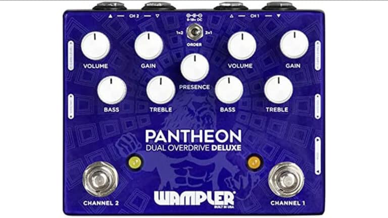 Wampler Pantheon overdrive guitar pedal with purple enclosure, white control knobs, and footswitches