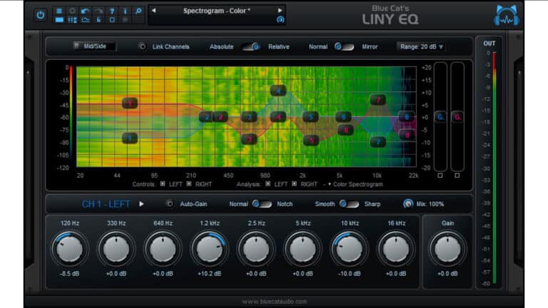 blue cat audio liny linear phase eq plugin GUI with spectral analyzer and controls