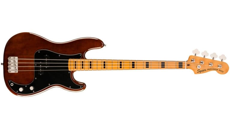 squier classic vibe 70s precision bass with dark satin finish, black pickguard and pickups, chrome hardware, and maple neck