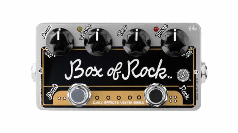 zvex box of rock guitar pedal with grey enclosure, marshall amplifier decal, control knobs, and footswitches