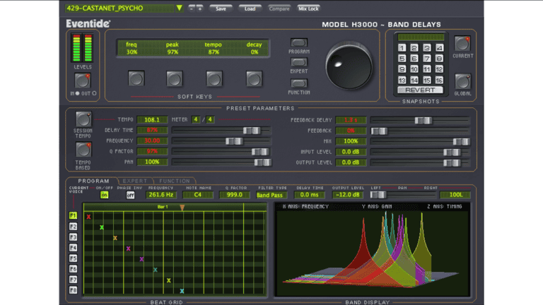 Eventide H3000 Band Delays plugin GUI with complex metering and controls