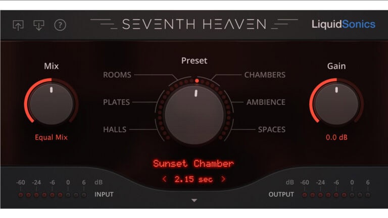 Seventh Heaven Liquid Sonics reverb plugin GUI with controls and preset options