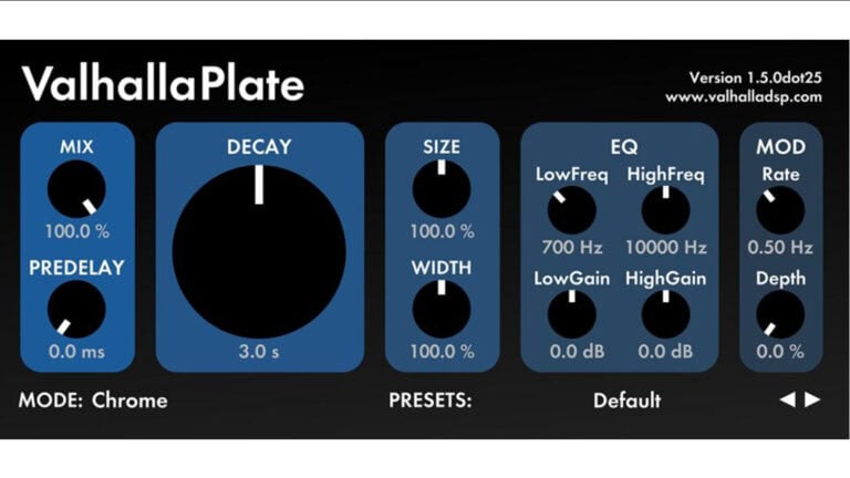 Valhalla DSP Reverb Series plugin GUI with clean layout and controls