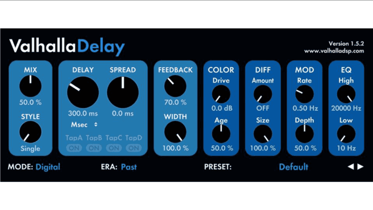 Valhalla Delay plugin GUI with black and blue theme and black control knobs