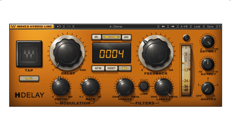 Waves Audio H-Delay plugin GUI with orange faceplate with black control knobs and vertical metering