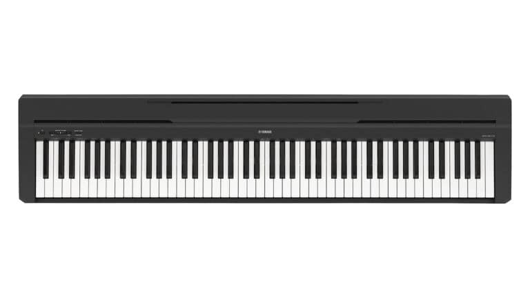 Yamaha P-45 digital piano with MIDI top shot with black enclosure and keybed