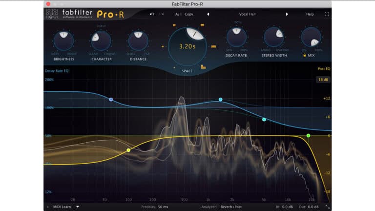 fabfilter pro-r reverb plugin with spectrum analyzer and EQ curves