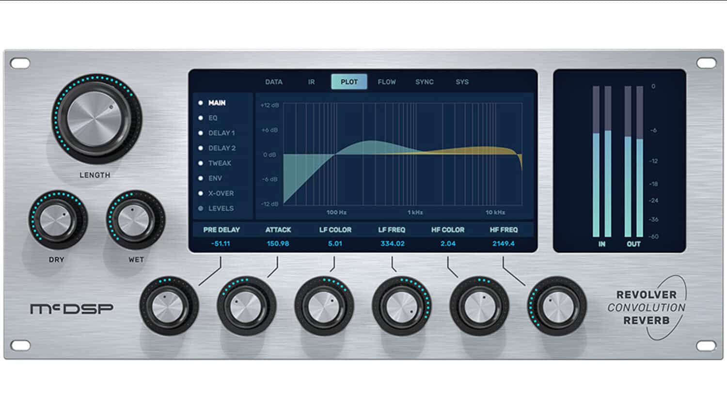 mcdsp revolver convolution reverb plugin with controls, spectrum analyzer, and metering