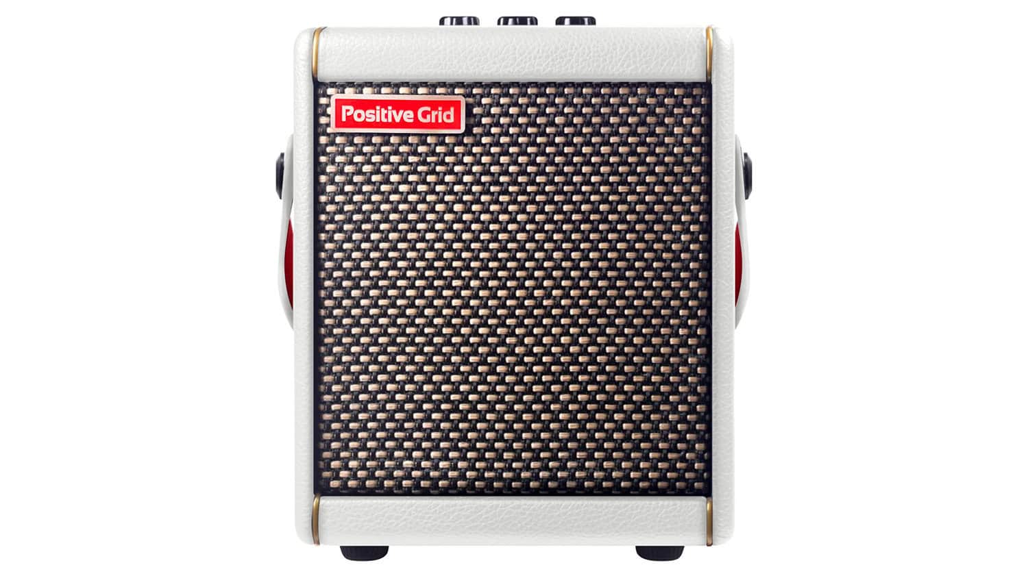 positive grid spark MINI guitar amp with white enclosure, grille clothe, and Spark logo plate